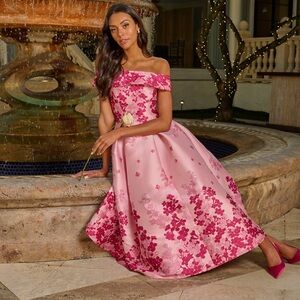 NWT ADRIANNA PAPELL Floral Jacquard Ankle Length Dress Off The Shoulder Size 10